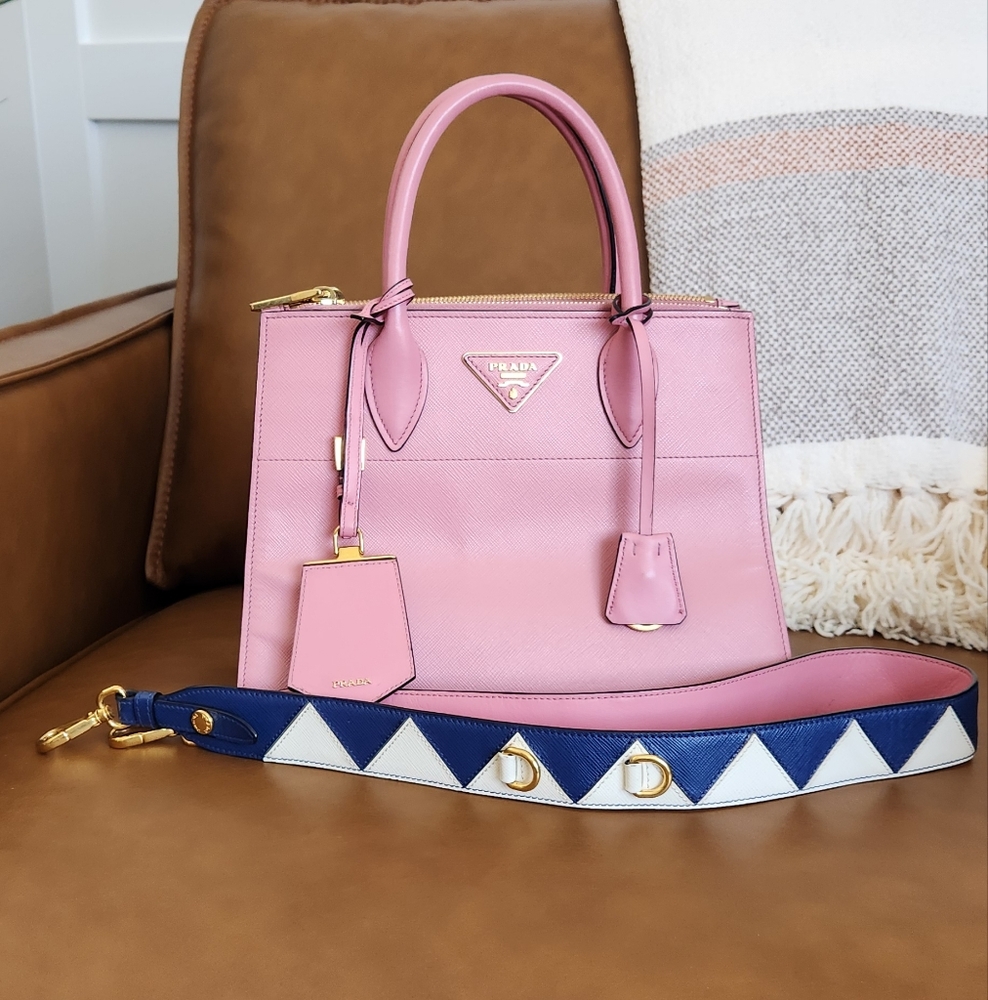 Spring Prada Pink Satchel City Calf Trimmed Saffiano Greche Bag Authentic